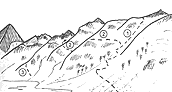 Тропы на левом склоне долины Мырды: 1 - к перевалу Северный Джалпак-Кол, 2 - к перевалу Южный Джалпак-Кол, 3 - к перевалу Ак