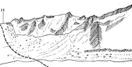 Рис. 14. 14 — пер. Титова с лед. Титова. Зарисовка в юго-восточном направлении с расстояния 1,5 км от седловины перевала