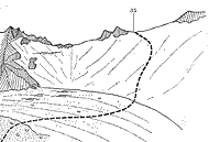 Рис. 36. 35 — пер. Четырех со стороны лед. Тимофеева. Зарисовка в восточном направлении с расстояния 1 км от седловины