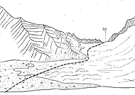 Рис. 66. 58 — пер. Чилико-Кеминский с одноименного ледника. Зарисовка в северном направлении с расстояния 1,5 км от седловины