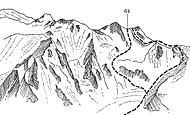 Рис. 76. 64 — пер. Стальского с лед. Шокальского. Зарисовка в юго-западном направлении с расстояния 2 км от седловины