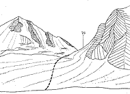Рис. 93. 76 — пер. Копртюз с лед. Корженевского. Зарисовка в западном направлении с расстояния 2,5 км от седловины