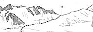 Рис. 94. 77 — пер. Жарсай с лед. Корженевского. Зарисовка в восточном направлении с расстояния 1 км от седловины